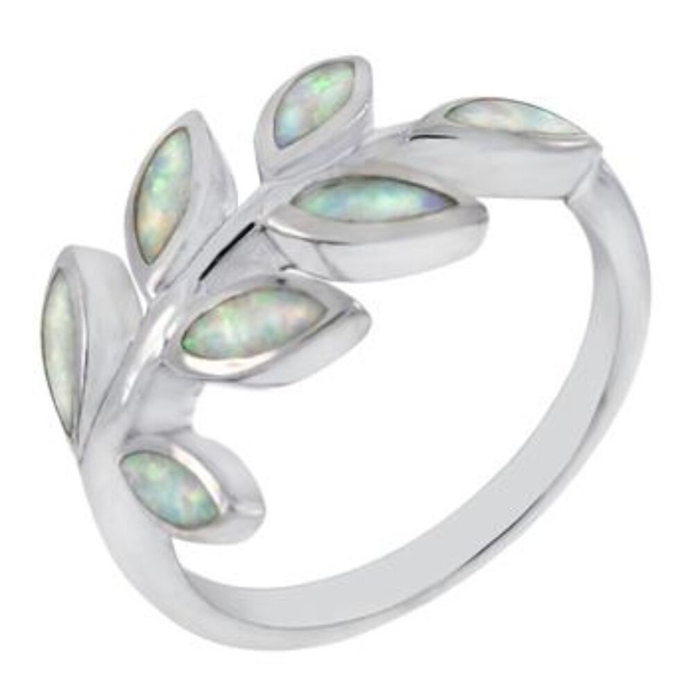 925 Sterling Silver Simulated White Opal Leaf Ring